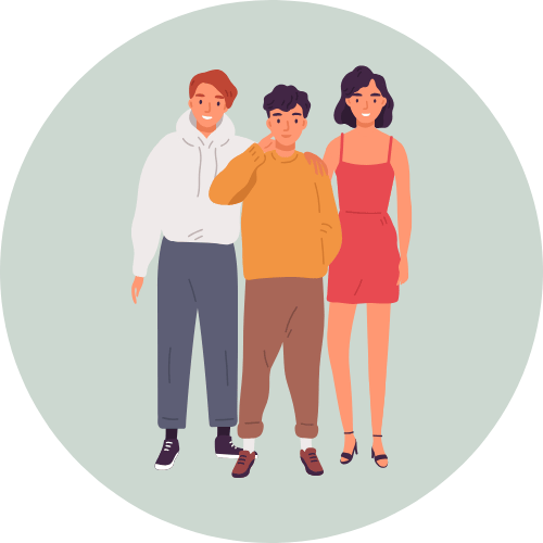 Three young adults standing together, smiling, with one person touching another's shoulder. One wears a white hoodie and jeans, another an orange sweater and brown pants, the third in a sleeveless red dress and heels.