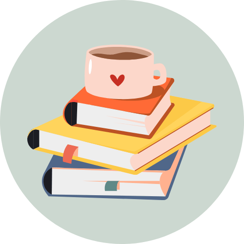 Stack of three books with a coffee mug on top, featuring a red heart on the mug, inside a circular background.