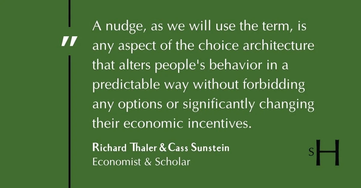 Quote defining nudge theory by Richard Thaler and Cass Sunstein, explaining how choice architecture influences behaviour without restricting options.