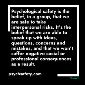 Psychological safety model showing how trust, communication, feedback, and learning improve team performance.