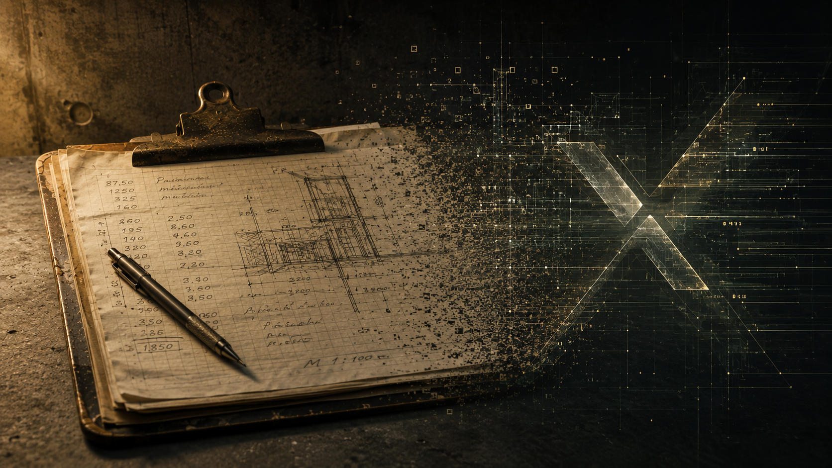 Handwritten construction estimates dissolving into digital data, representing founders who automated work they once did manually.
