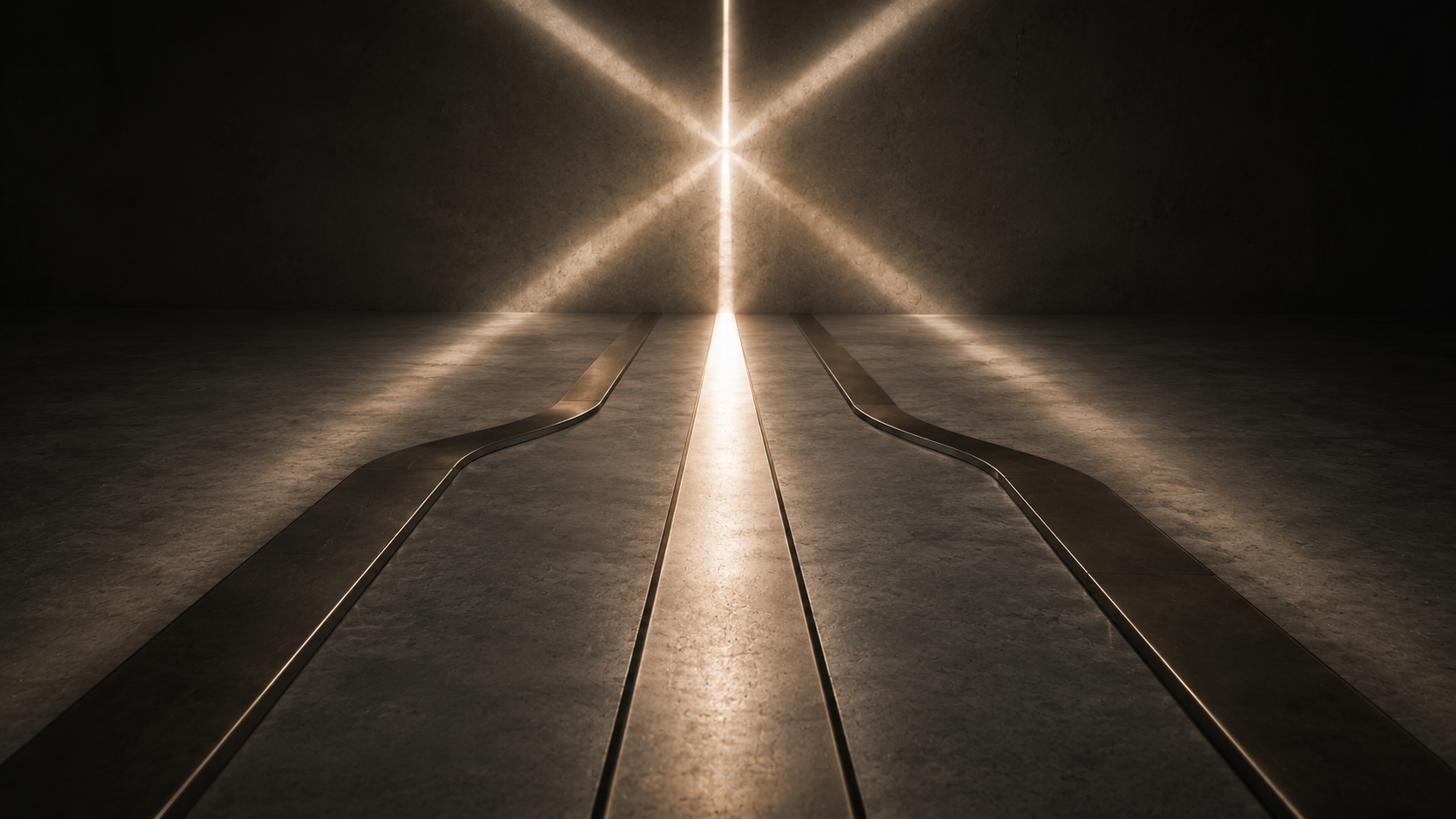 Two illuminated tracks diverging from a single point of light, suggesting competition and diverging paths.