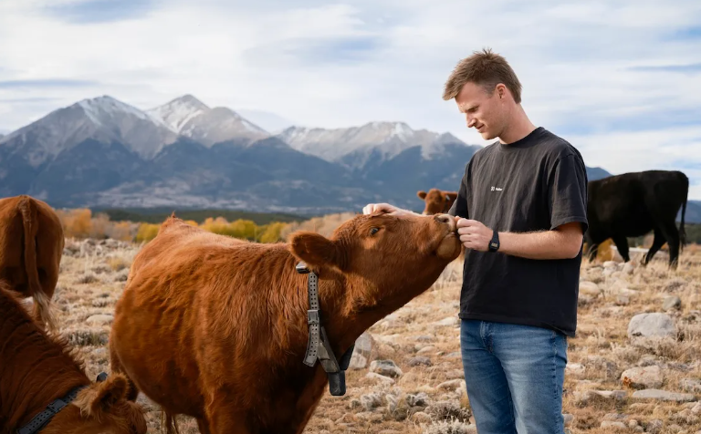Craig Piggott, Halter founder and CEO, with cattle wearing Halter GPS collars.