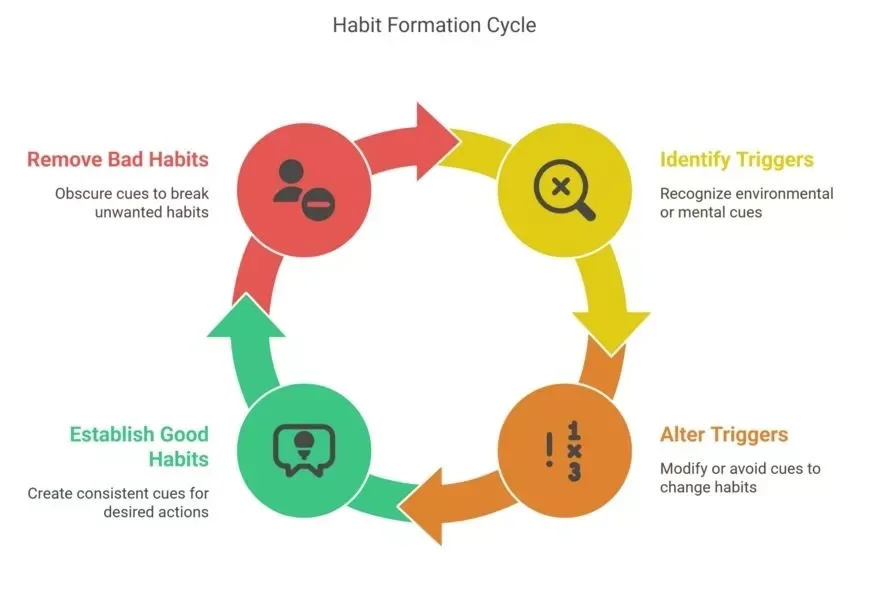Habit formation diagram showing how cues, routines, rewards, and repetition influence long-term behaviour change.