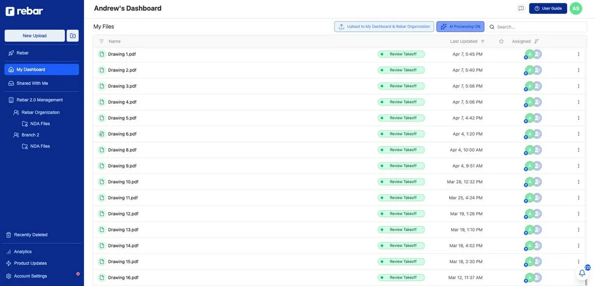 Screenshot of Rebar's AI construction estimating platform analysing commercial HVAC blueprints and specification documents.