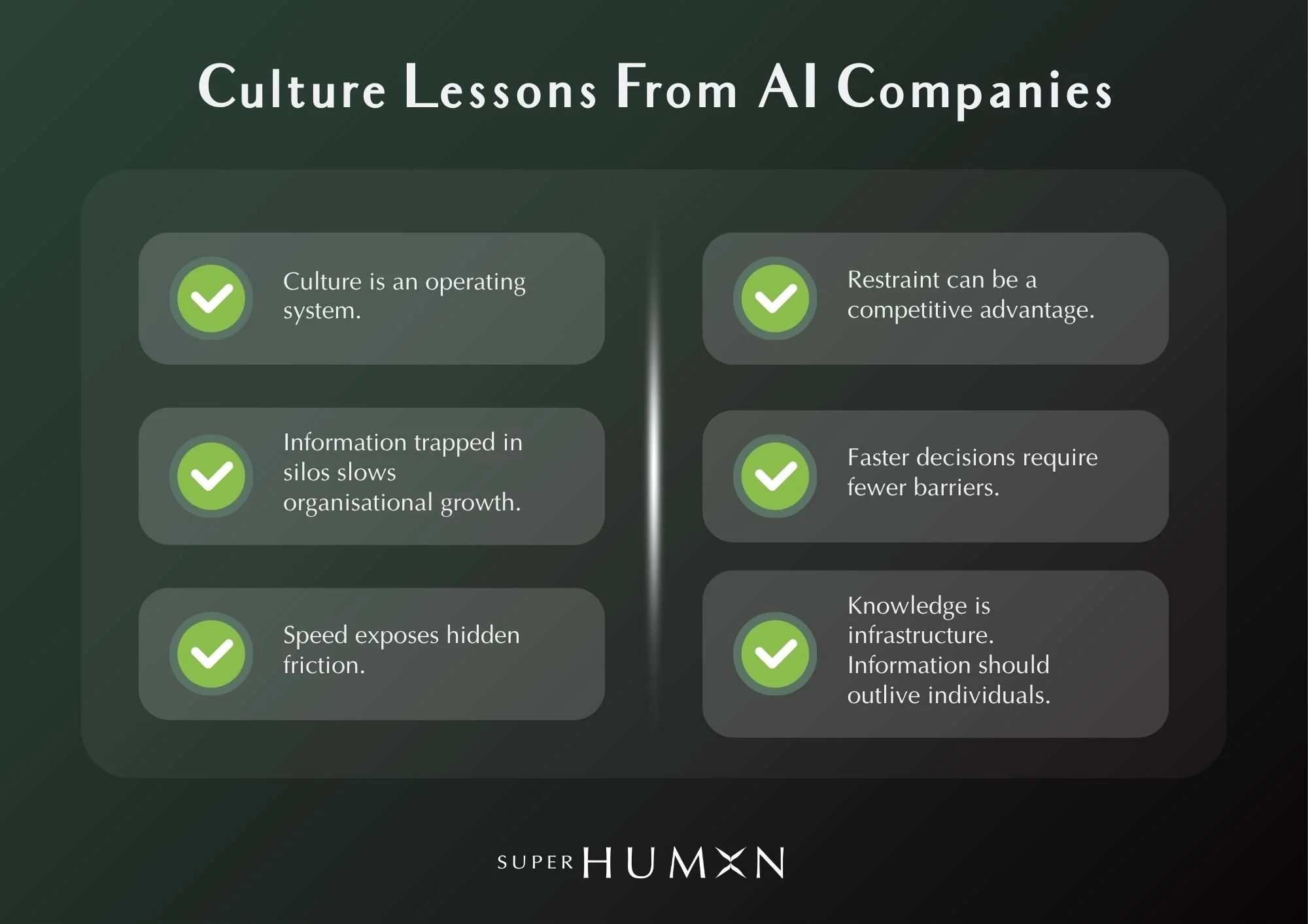 Summary infographic showing key company culture lessons from leading AI companies and technology organisations.