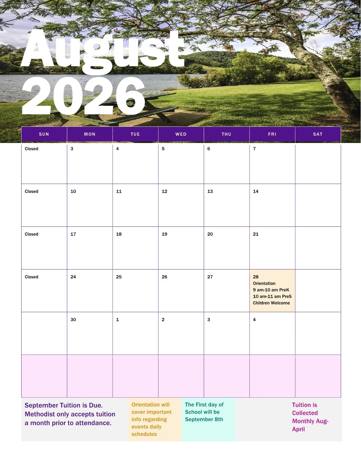 summer camp calendar august 2026