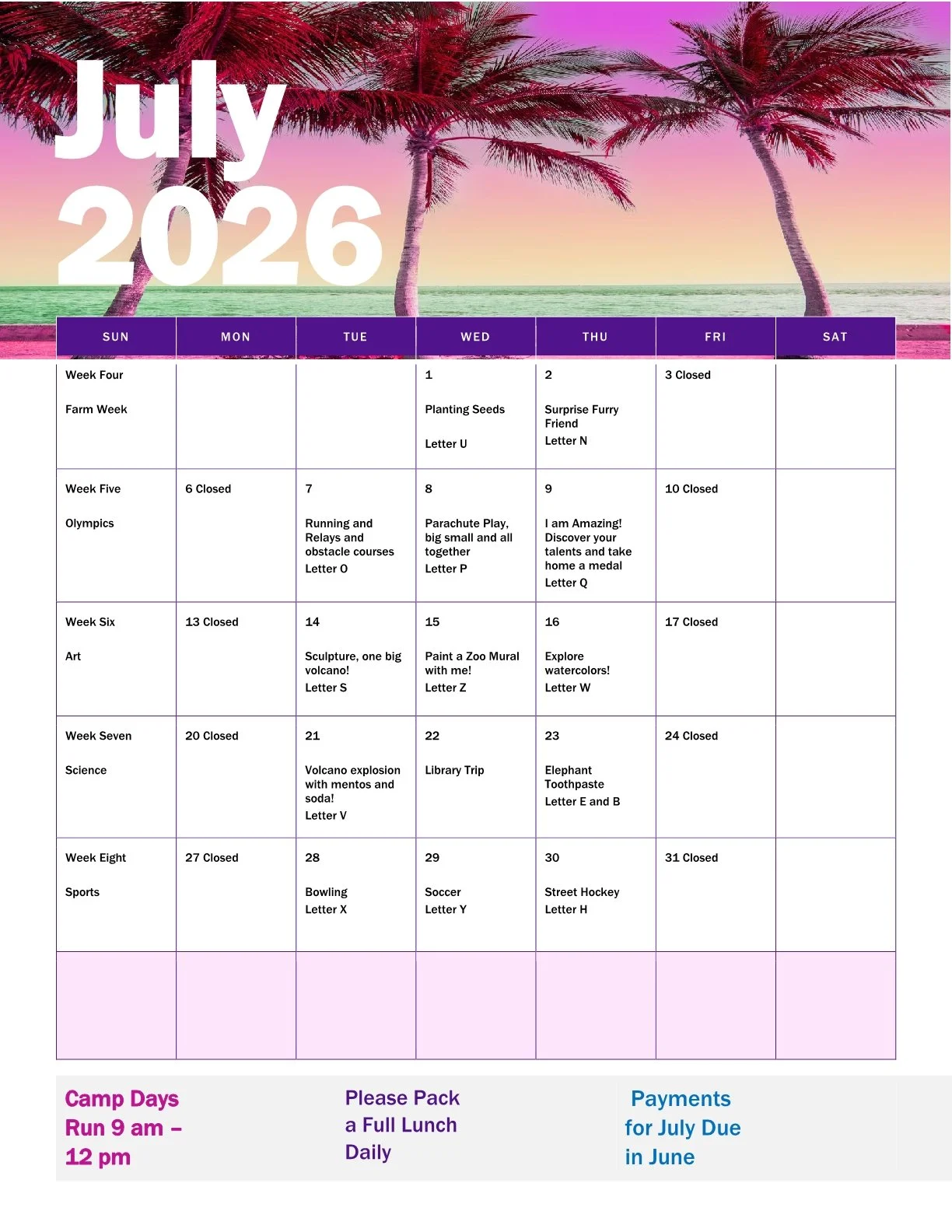 summer camp calendar july 2026
