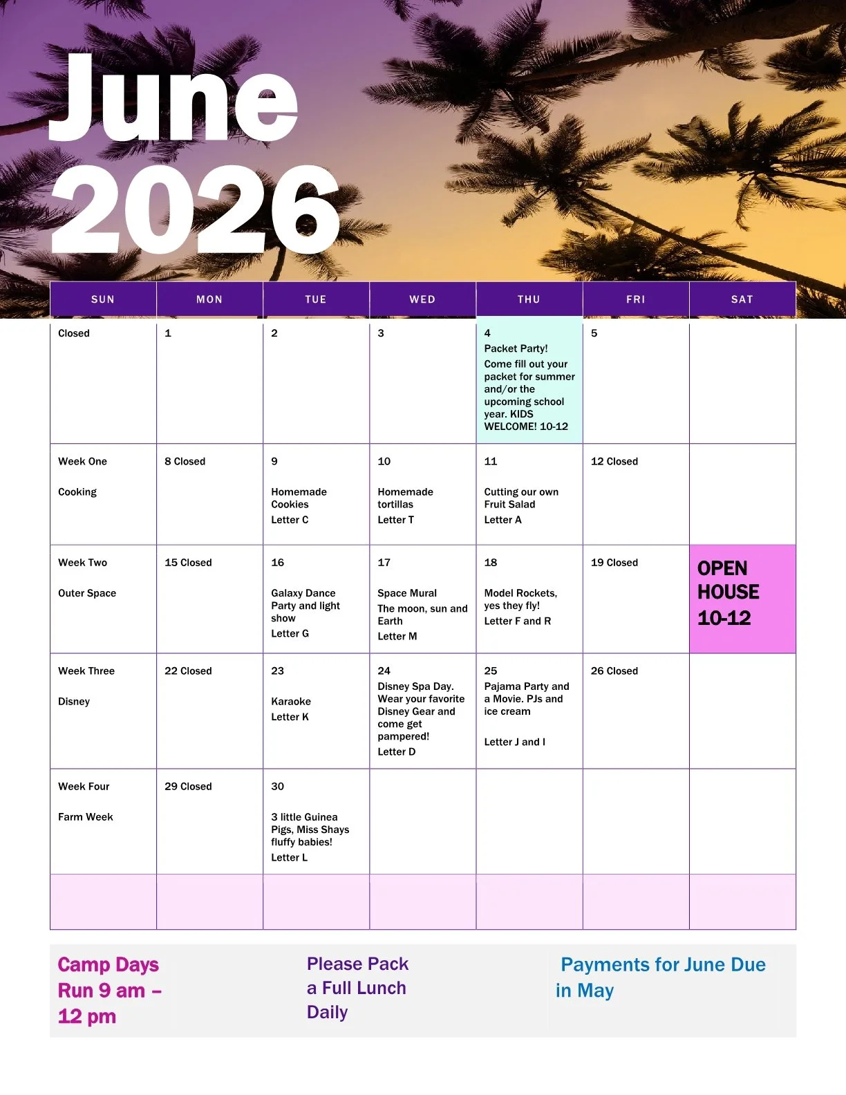 summer camp calendar june 2026