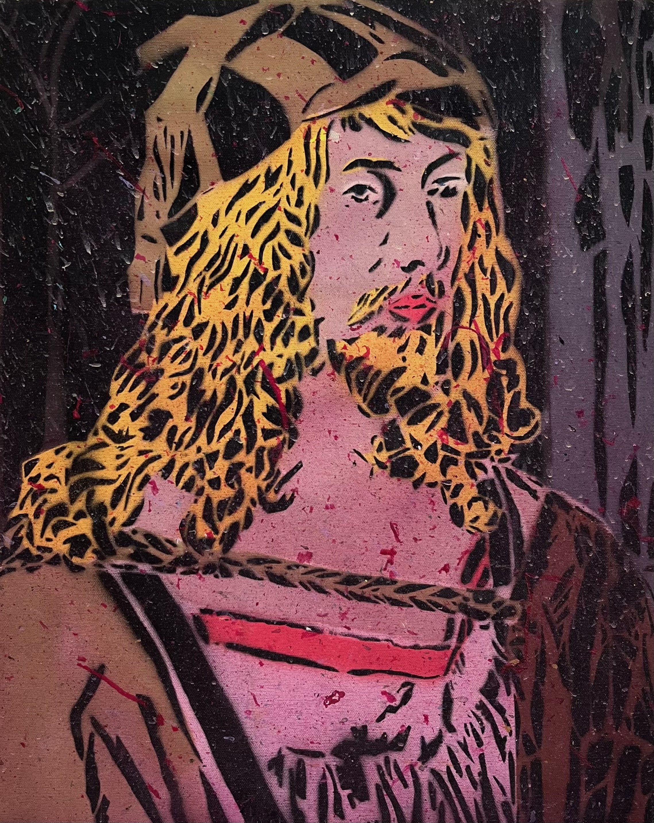 a spraypainted stencil portrait version of albrecht durer, executed in pink, yellows, and black, with visible hot pink grime overspray
