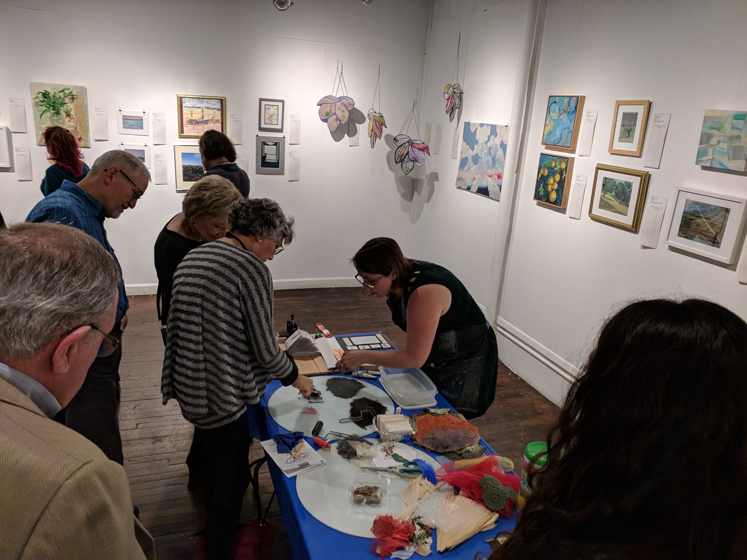 Demonstrating miniature collagraphs at Cheltenham Arts Center, fall 2018.