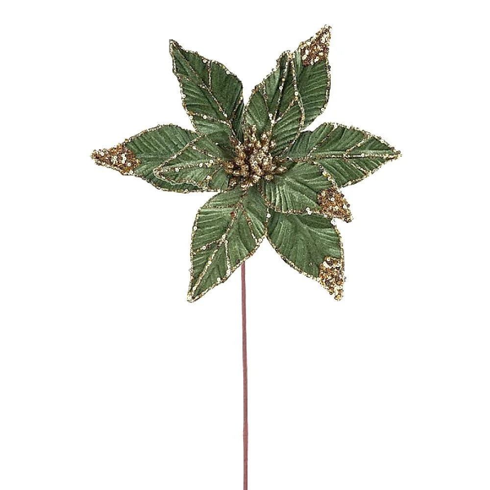 Glitter/Sequin Poinsettia Stem: Sage/Gold, 21"