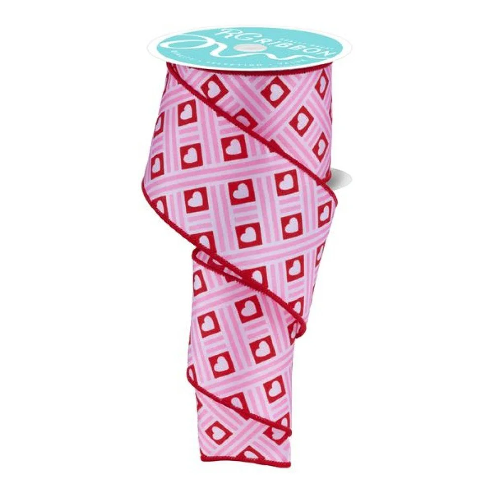 Hearts/Stripe Ribbon: Pink/Red, 2.5"