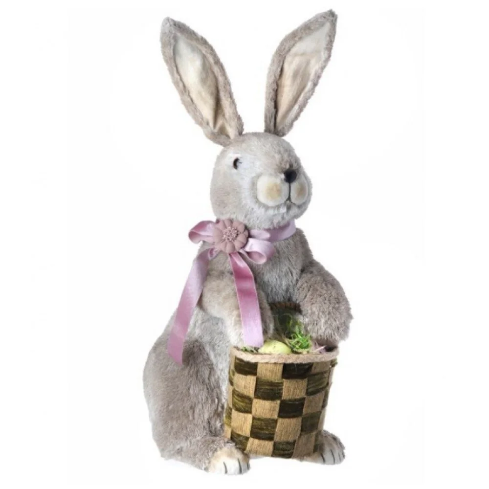 Faux "Fur" Bunny w/ Bow/Basket: Grey, 22"