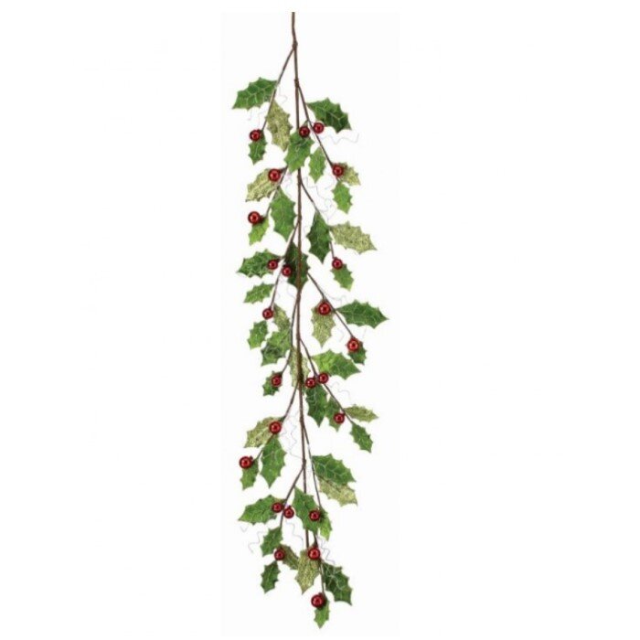 Deluxe Velvet/Glitter Leaf Holly Garland, 48"
