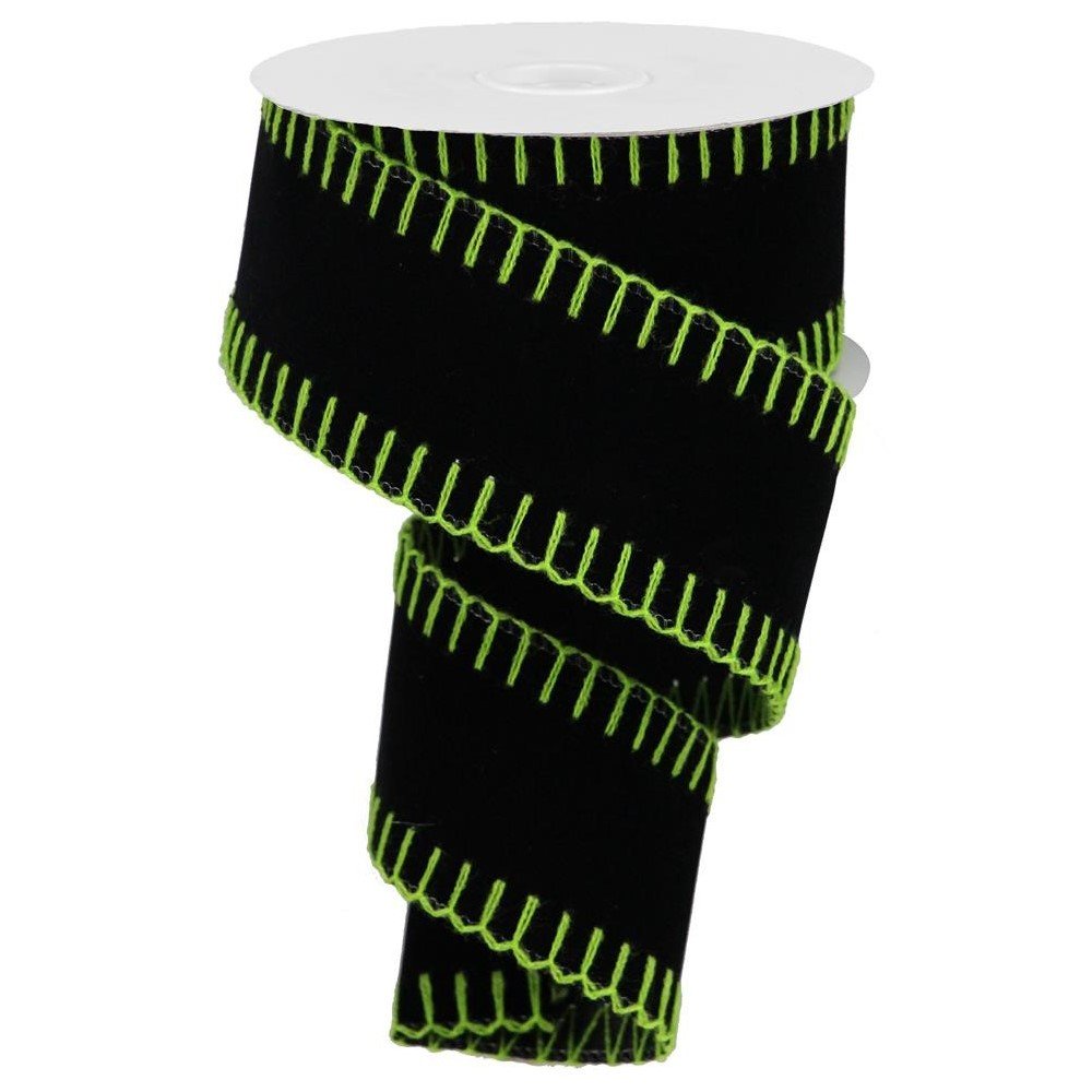 Velvet with Stitch Edge: Black/Green, 2.5"