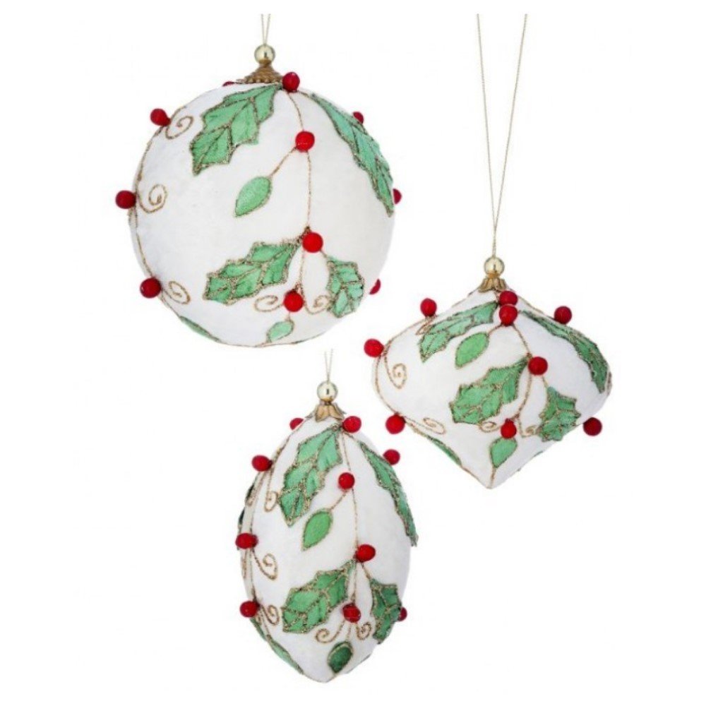 Velvet Ball/Onion/Finial Holly Ornament Set: White — Holiday Whimsy