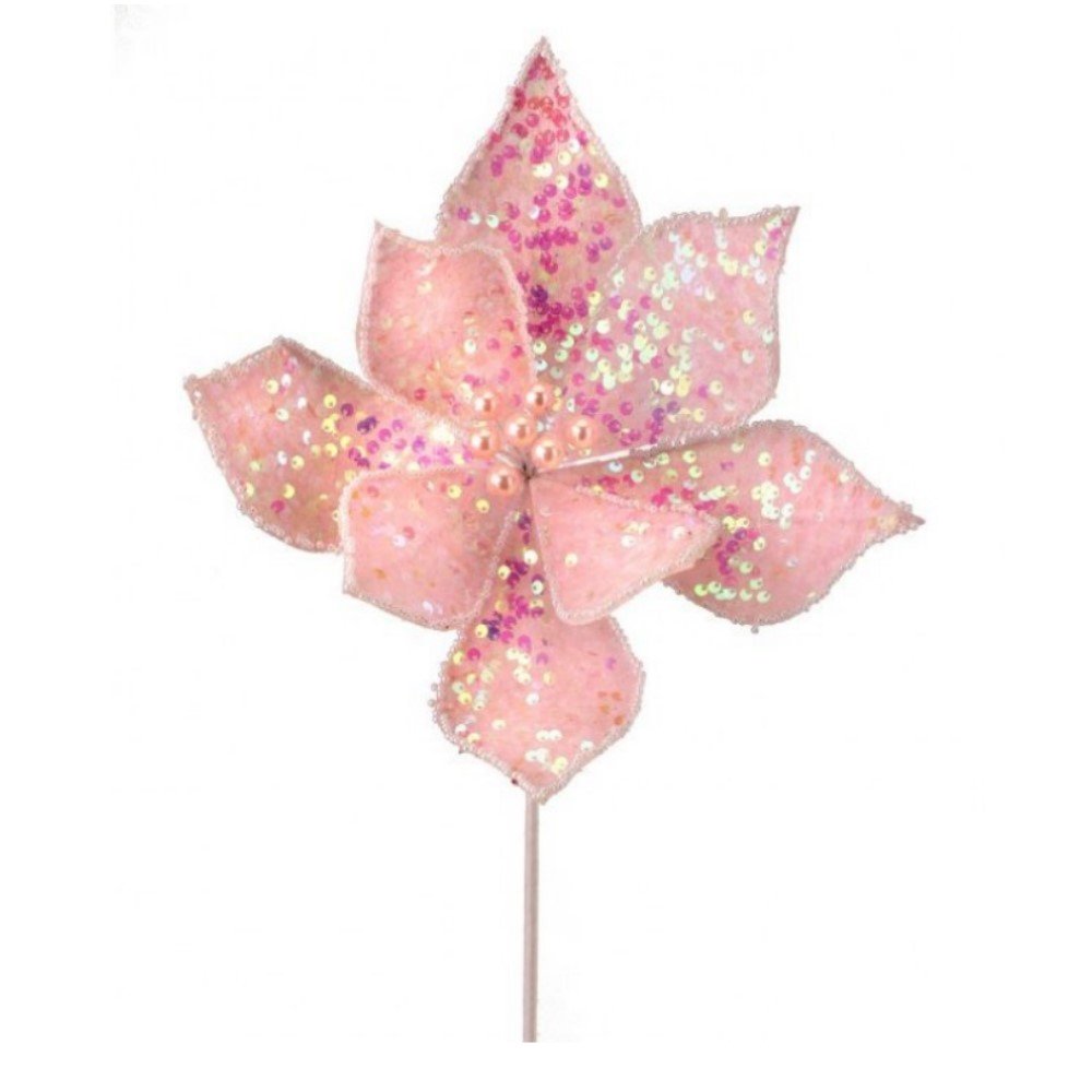 Glitter Sequins Bead Edge Poinsettia Stem: Pink, 26"