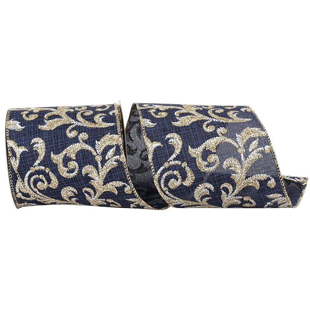 Scrolll Filigree Glitter Linen: Navy, 4"