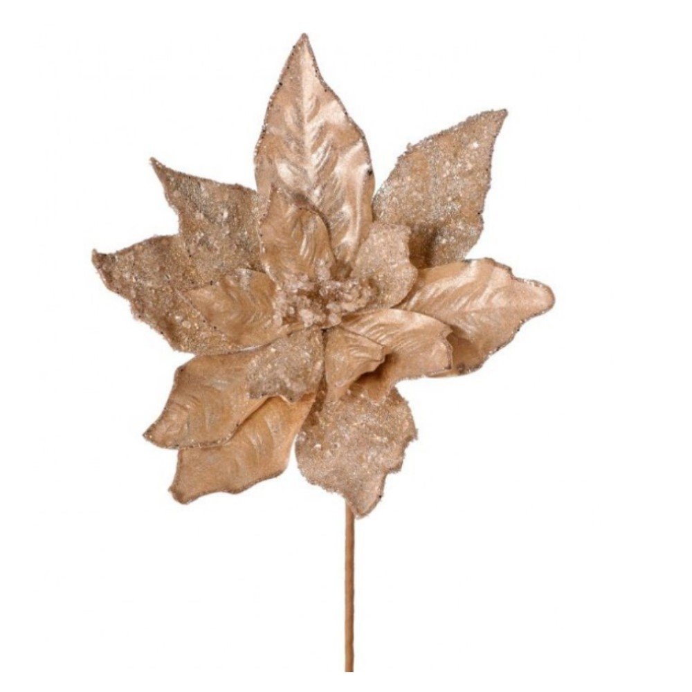 Glitter Iced Poinsettia Stem: Champagne Gold, 24"