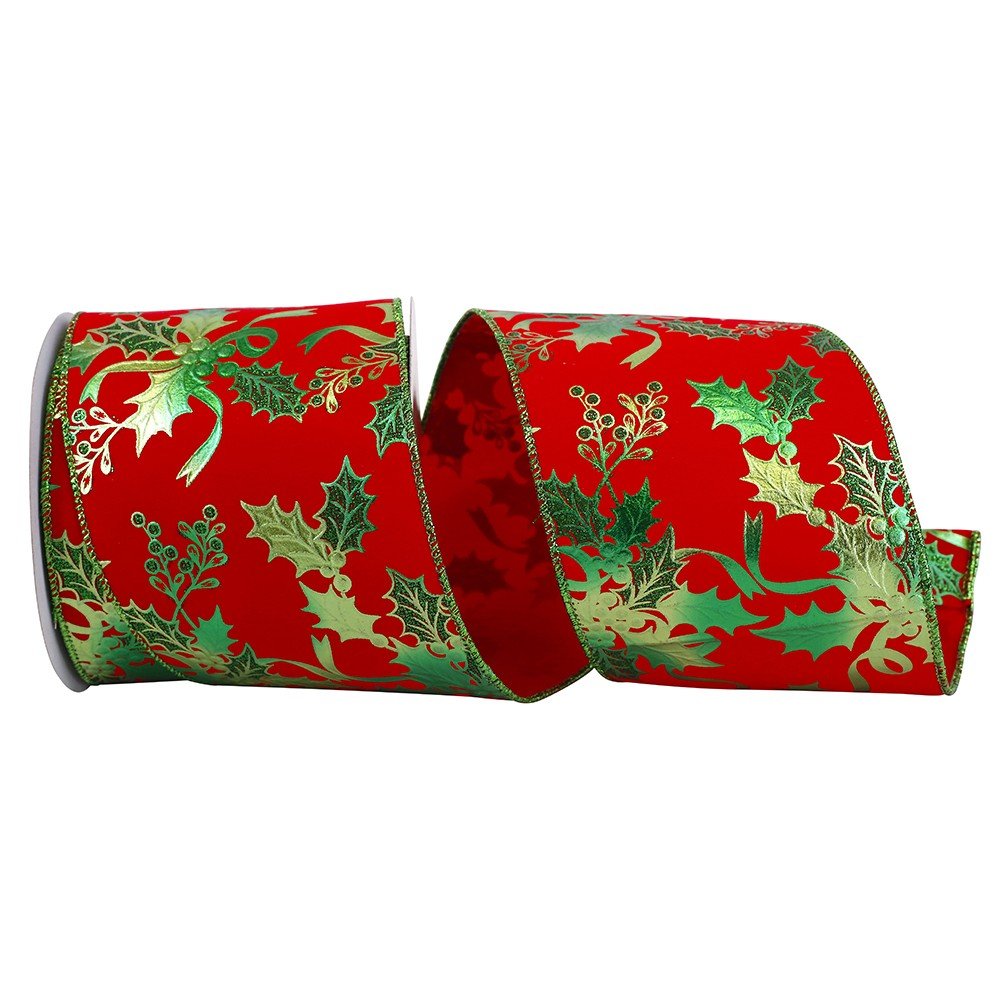Velvet Holly Sparkle Ribbon: Red/Green/Gold, 4"