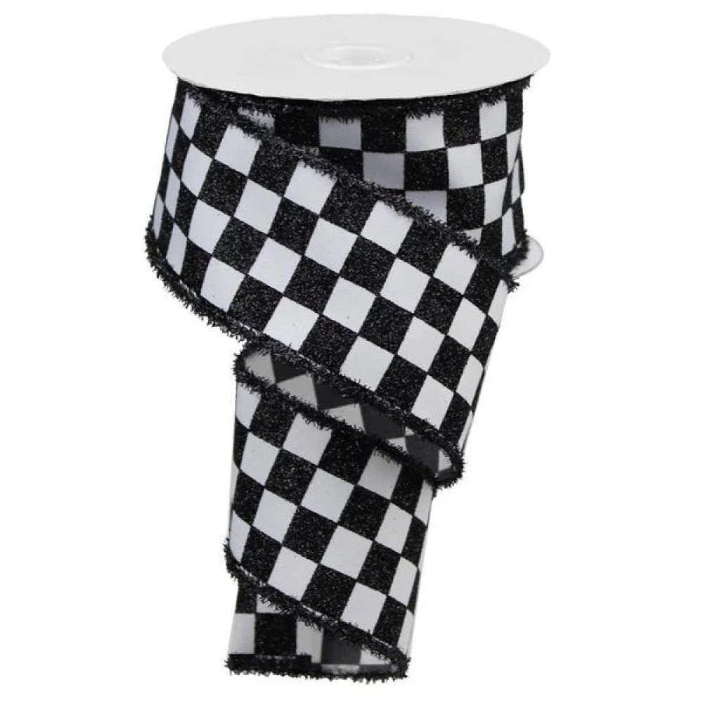 Glitter Check/Tinsel: Black/White, 2.5"