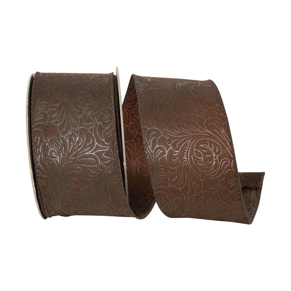 Leaf Scroll Embossed Ribbon: Brown, 1.5"