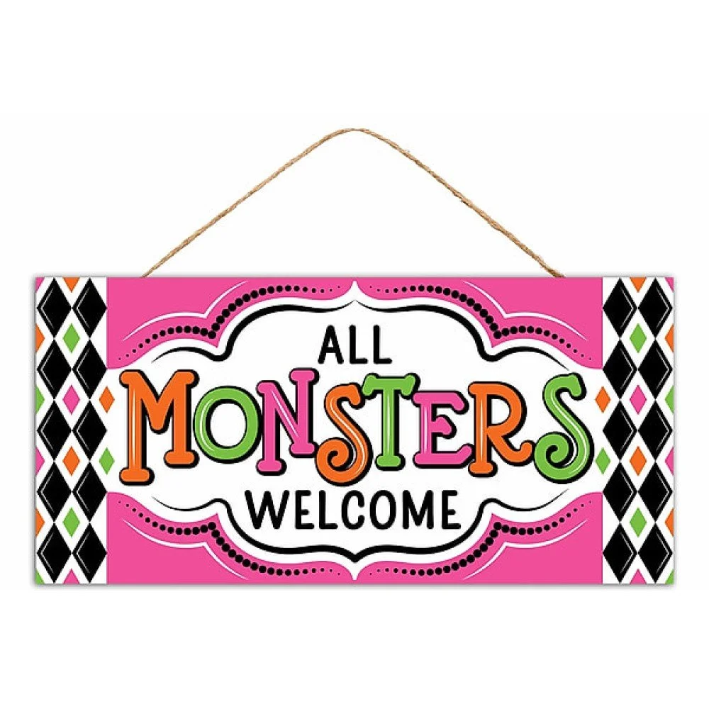 All Monsters Welcome Sign: Pink, 12.5"