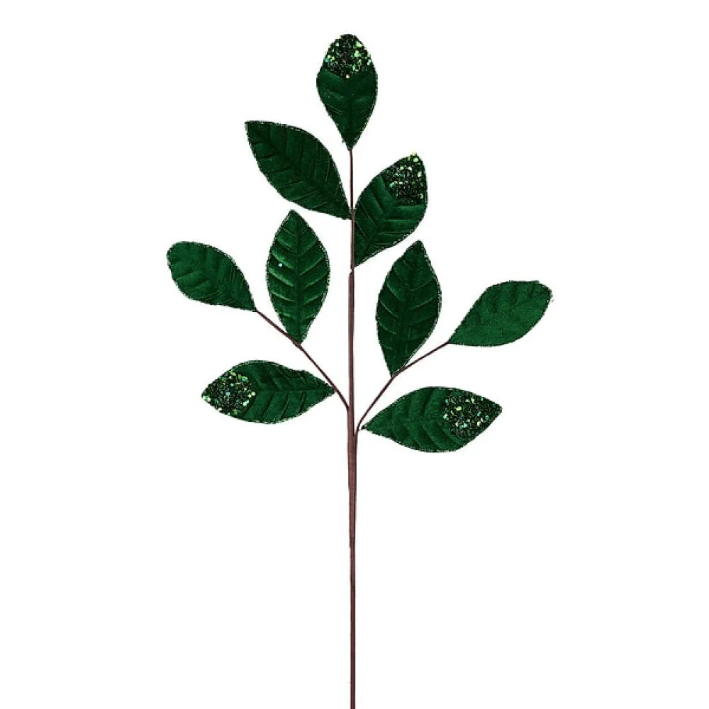 Velvet/Gitter Magnolia Leaf Spray: Emerald Green, 27"