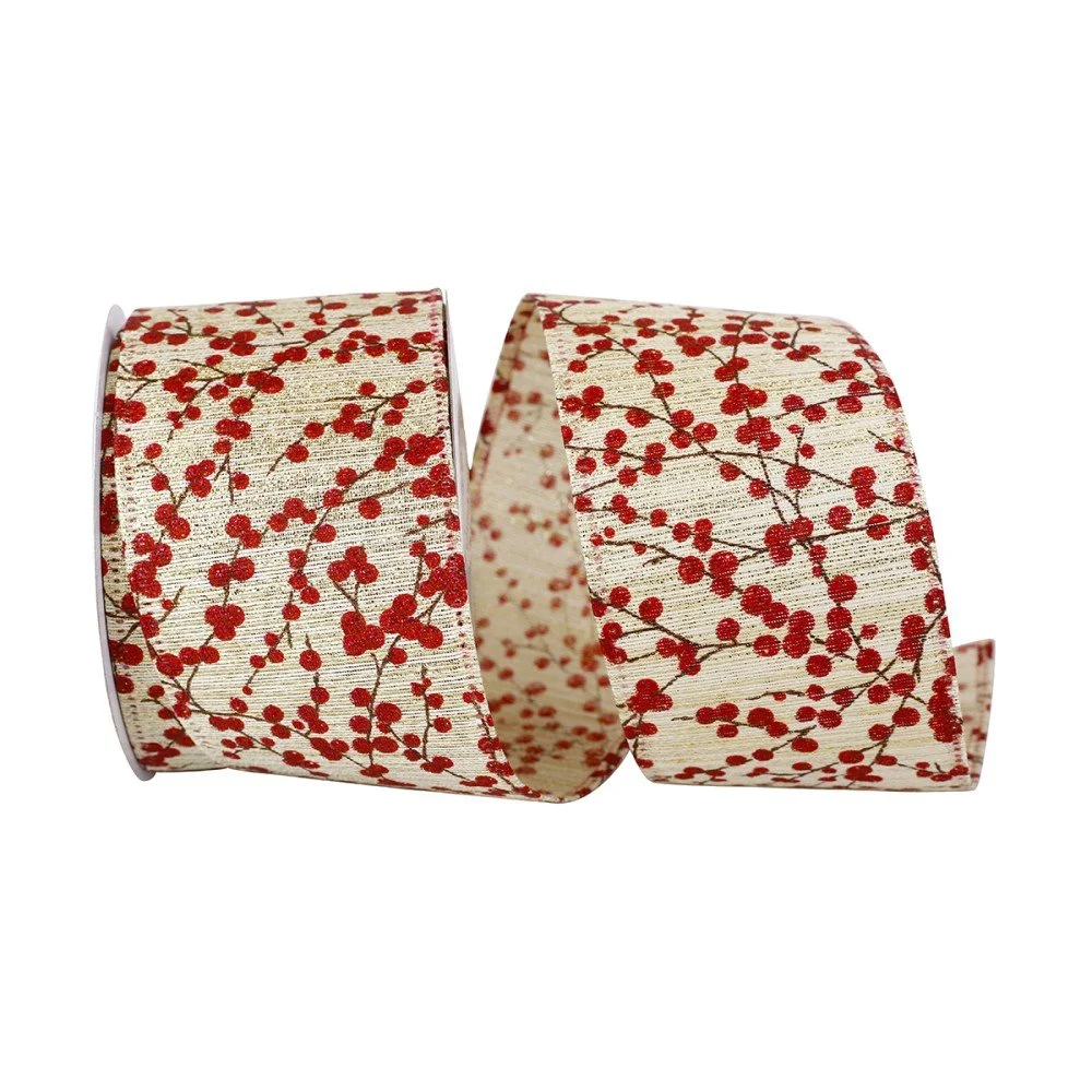 Berry Sparkle Natural Ribbon: Red/Gold, 2.5"