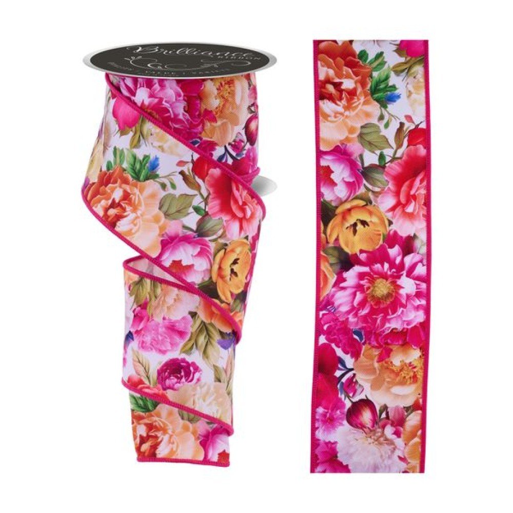 Floral Ribbon: White/Multi, 2.5"