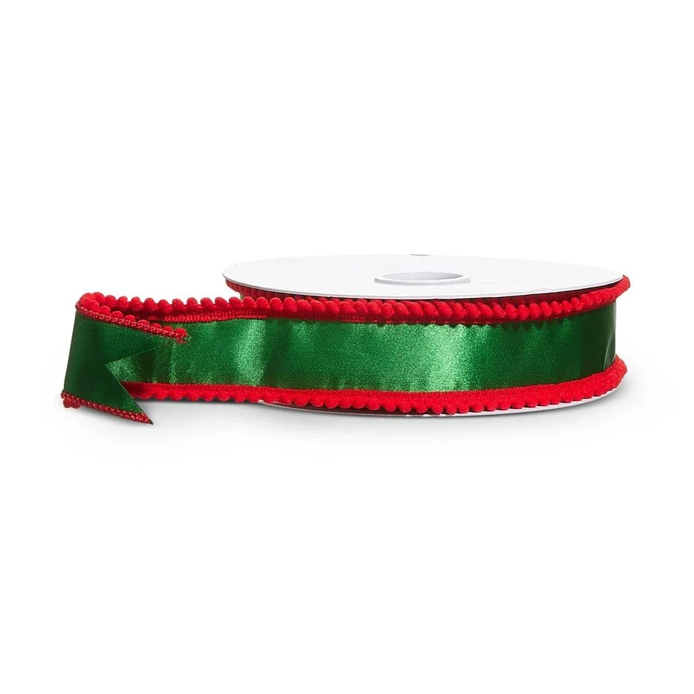 RAZ Satin w Pom Pom Edge Ribbon, Green/Red, 1.5"