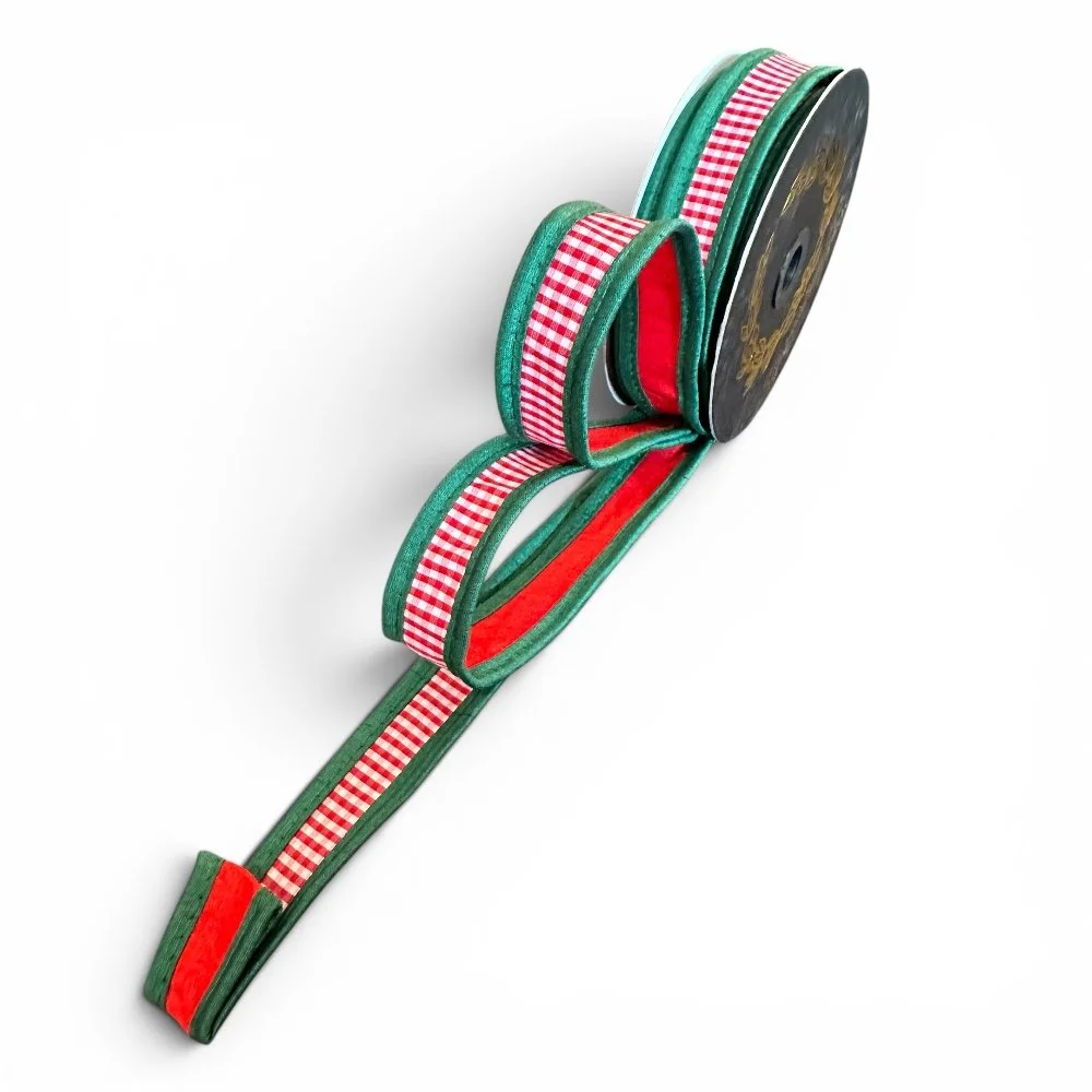 Taffeta Mini Checks Dupion Fused, Green/Red, 1"