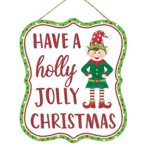 Holly Jolly Elf Glitter Sign, 10.5"