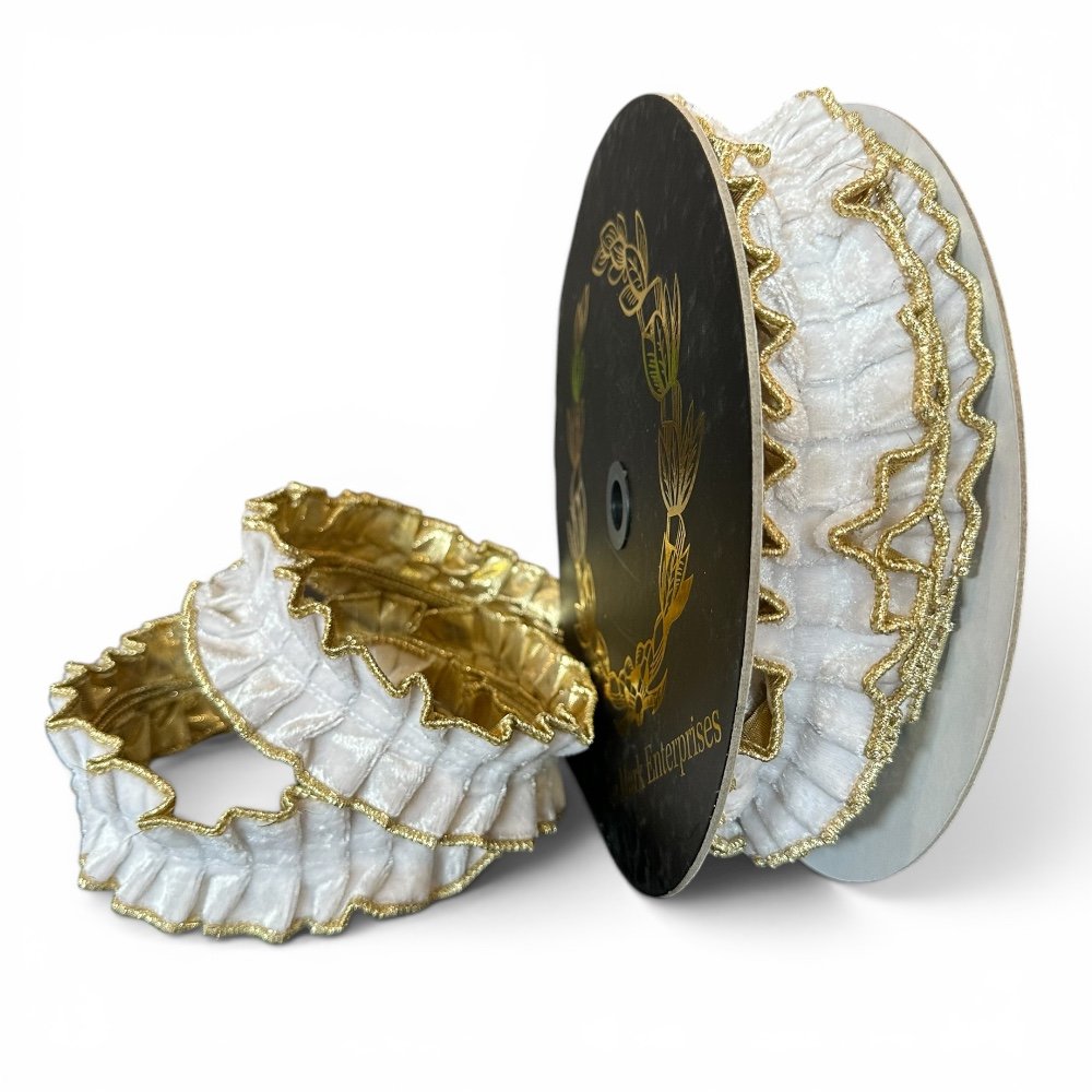 Velvet Pleated Metallic Fused Ribbon: White, 1.5"