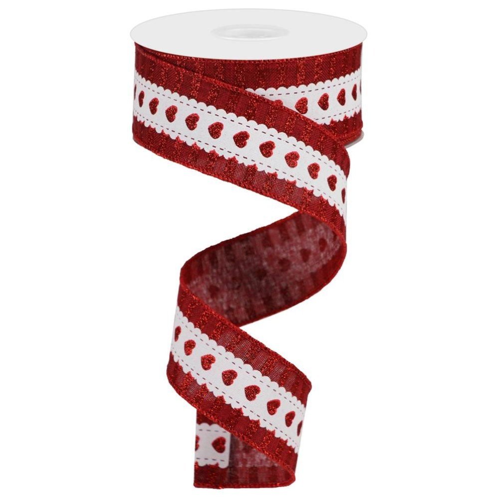 Hearts w/ Stripe Border: White/Red, 1.5"