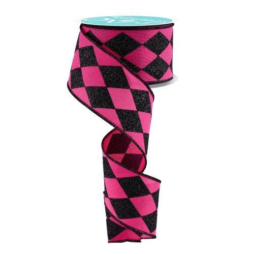 Glitter Harlequin Check: Fuchsia/Black, 2"
