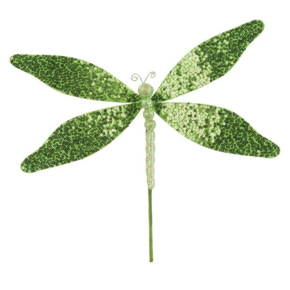 Sequin Dragonfly Pick: Green, 12"