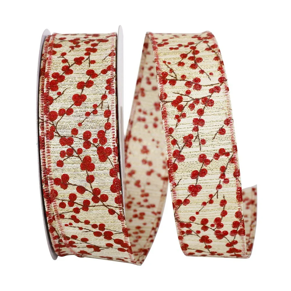 Berry Sparkle Natural Ribbon: Red/Gold, 1.5"