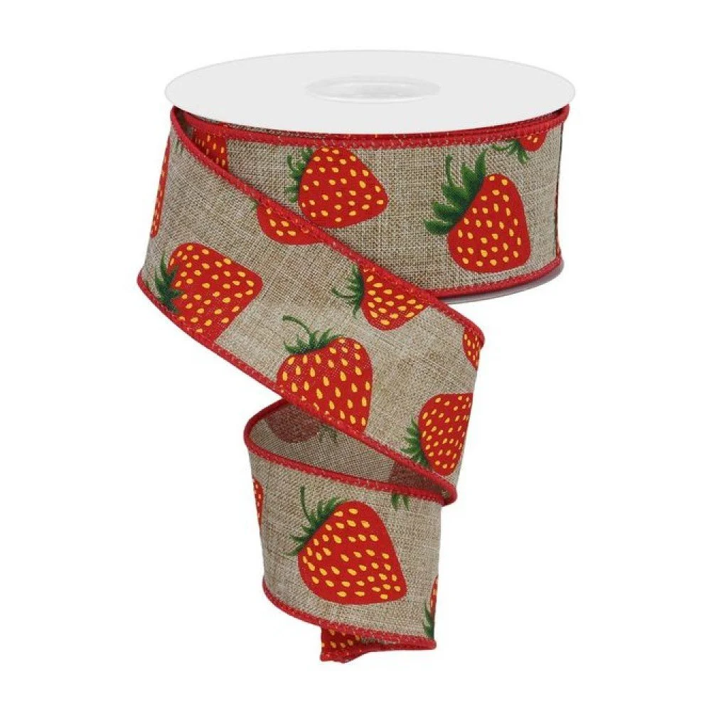 Strawberries Ribbon: Natural, 1.5"