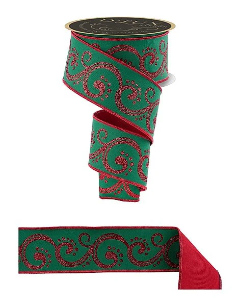 Christmas Swirls/Fused Ribbon: Emerald/Red, 2.5"