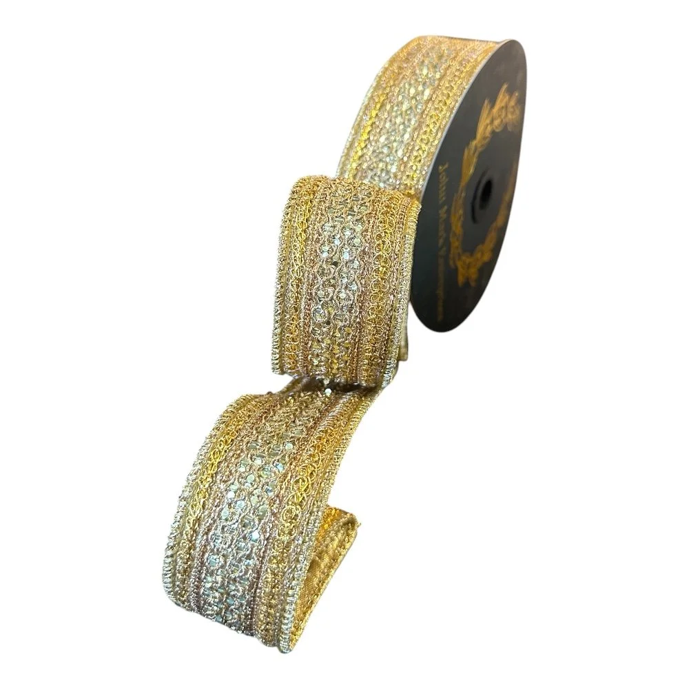 Jeweled Trim Metallic Dupion: Gold, 1"