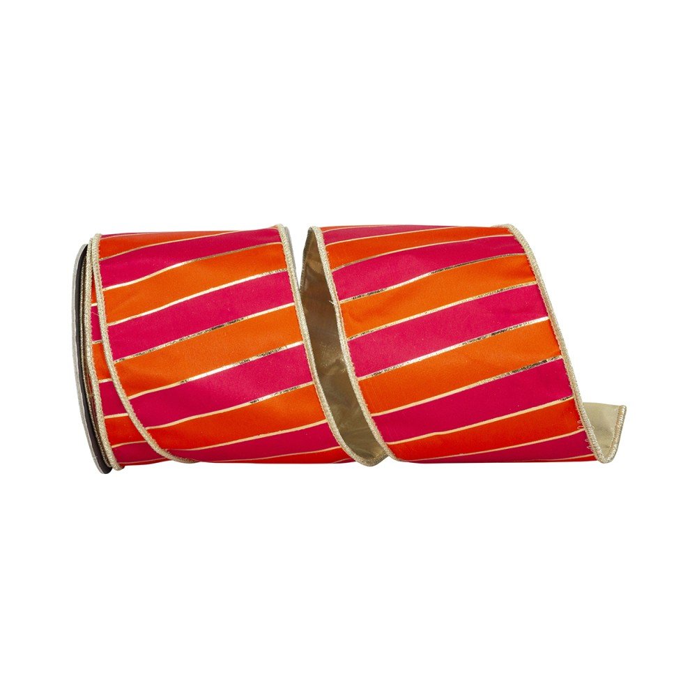 Striped Regal Bars Ribbon: Orange/Fuchsia, 4"