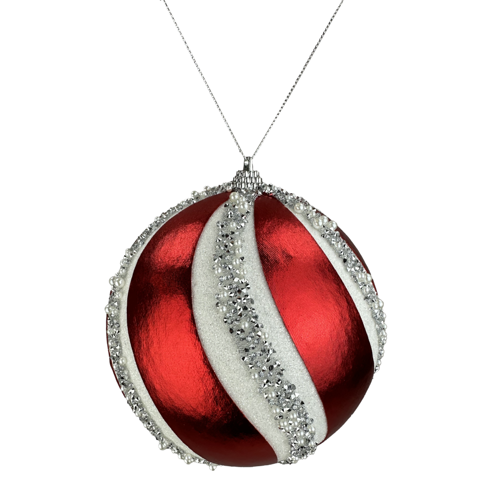 Jewel Ball Ornament: Red/White/Silver, 5"