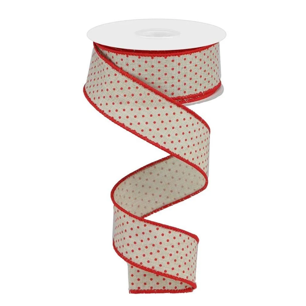 Swiss Dots on Burlap: Natural/Red, 1.5”
