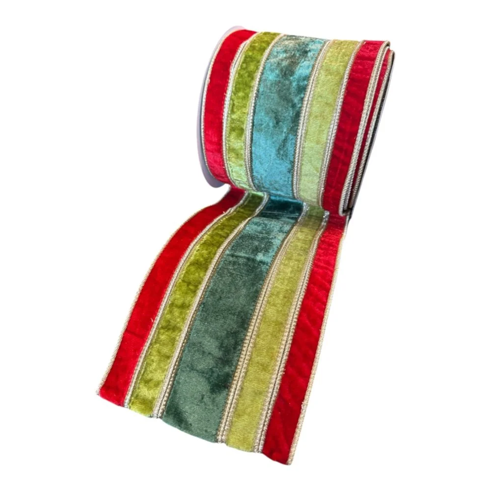 Velvet Stripe Metallic Dupion: Red/Apple/Green, 6"