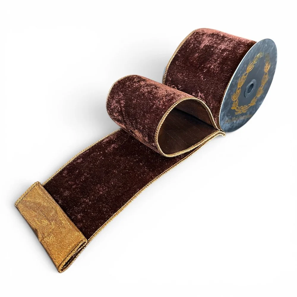 Velvet Metallic Dupion Fused Ribbon: Dark Brown, 4"
