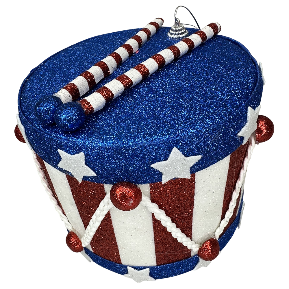 Patriotic Glitter Drum Ornament, 6.5" dia.