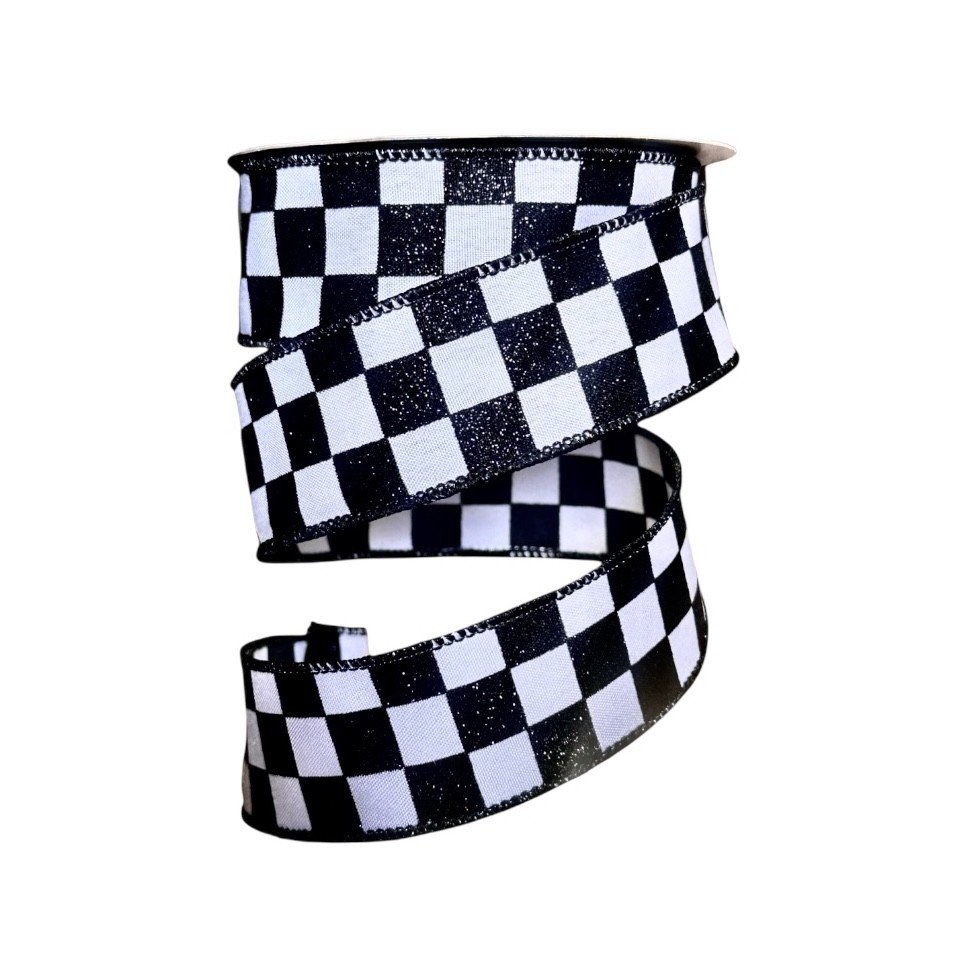 Glitter Check Ribbon: Black/White, 1.5"