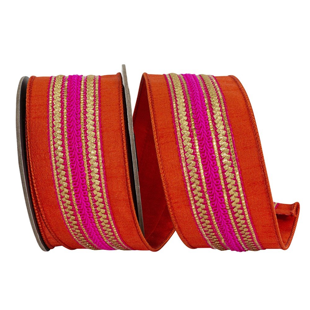 Regal Stripe Dupioni: Orange/Pink, 2.5"